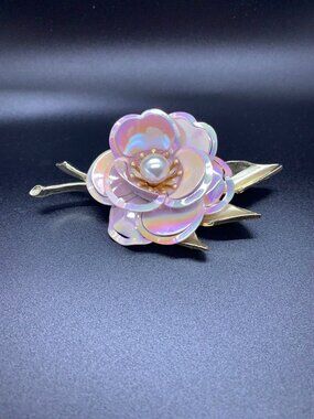 Enamel Flower Brooch Iridescent Pink With Gold-Tone Leaves Faux Pearl Center